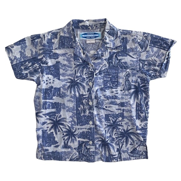 Kids Small Hawaiian Shirt Blue Cotton Aloha Tropical Palm Trees All Over Print - Picture 1 of 10